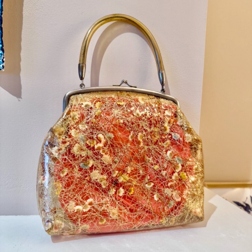 1950s Vintage Clear Vinyl w Pressed Flowers & Gold Thread Handbag Lucite Handle